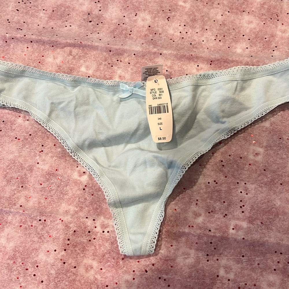NWT size large, Victoria’s Secret pastel blue thong.